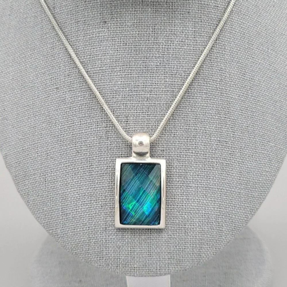 KC Blue Stone Rectangle Pendant Necklace Earrings Fashion Set Blue Silver Tone - Picture 4 of 12
